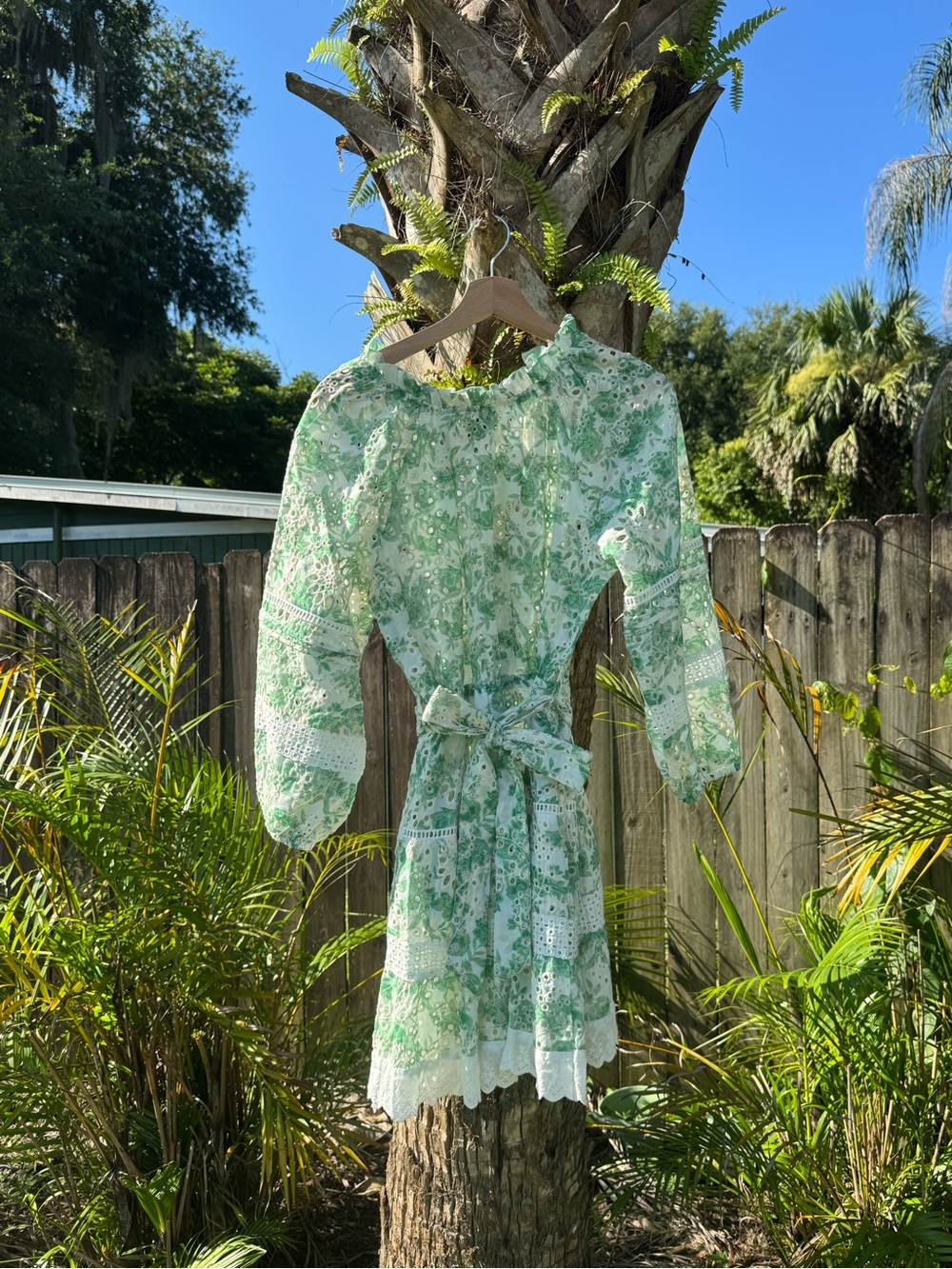 MELLODAY Green Floral Lace-Trim Mini Dress with Self-Tie Waist